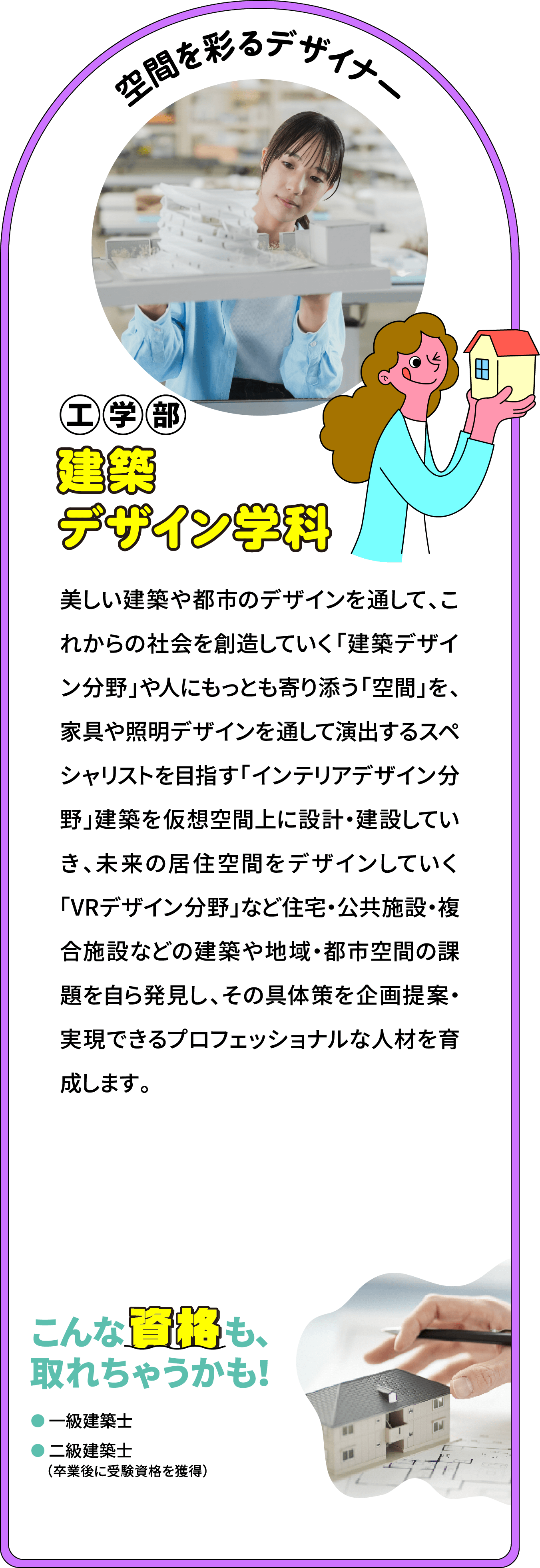 空間を彩るデザイナー 工学部 建築デザイン学科
								美しい建築や都市のデザインを通して、これからの社会を創造していく「建築デザイン分野」や人にもっとも寄り添う「空間」を、家具や照明デザインを通して演出するスペシャリストを目指す「インテリアデザイン分野」建築を仮想空間上に設計・建設していき、未来の居住空間をデザインしていく「VRデザイン分野」など住宅・公共施設・複合施設などの建築や地域・都市空間の課題を自ら発見し、その具体策を企画提案・実現できるプロフェッショナルな人材を育成します。
								こんな資格も、取れちゃうかも！
								一級建築士（卒業後に受験資格を獲得）
								二級建築士（卒業後に受験資格を獲得）